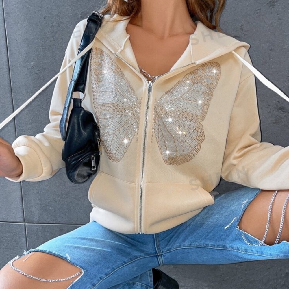 shein EZwear rhinestone butterfly print drop shoulder zip up hoodie apricot m 6